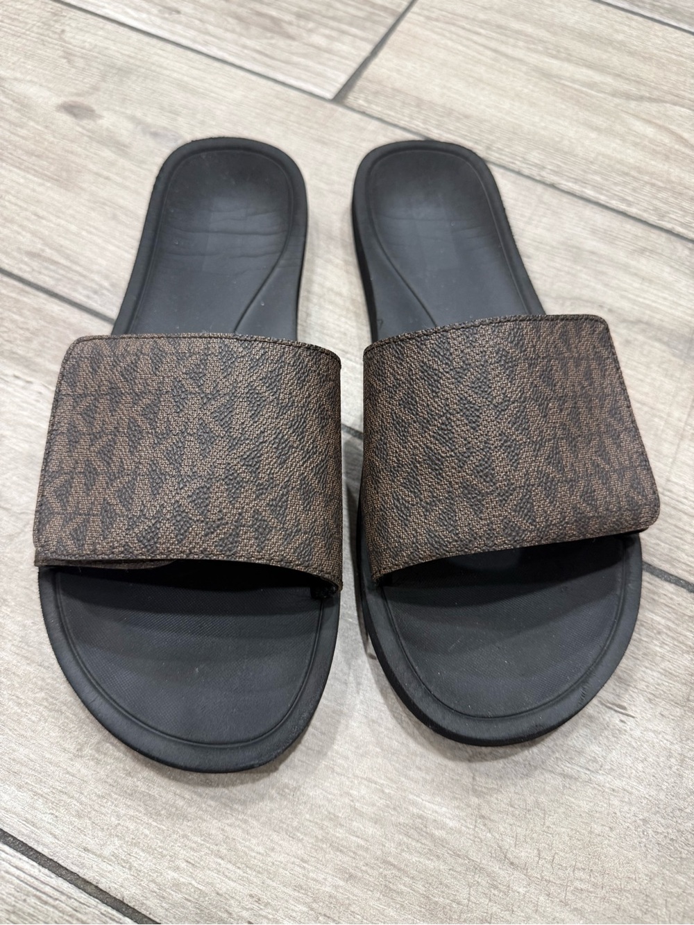 Michael Kors Wade Slide Sandals MK Logo Women’s Size 10 Brown Black Hoop Loop